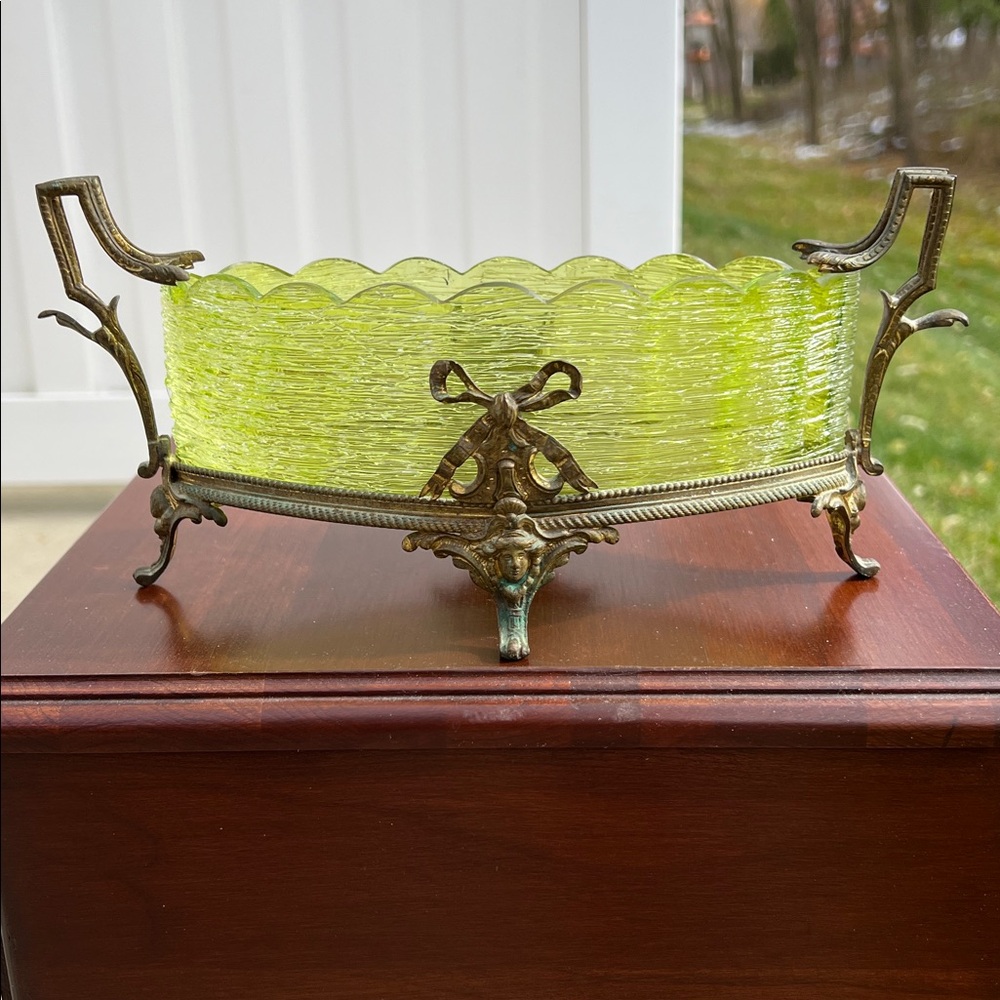 Antique French Jardiniere Loetz Style Green Glass Ormolu Art Deco Centerpiece